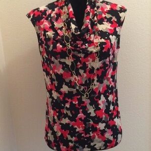 KASPER drape neck pattern bold abstract print sleeveless top neutrals